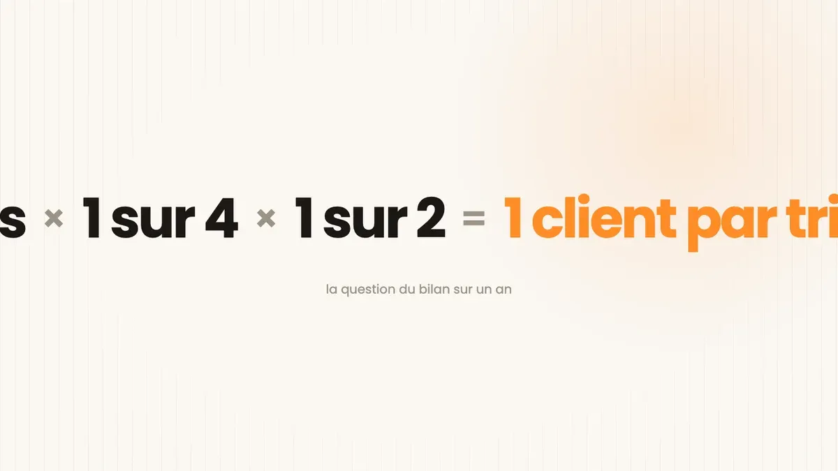 8 clients multipliés par 1 client sur 4 qui présente quelqu'un dans le trimestre puis par 1 personne sur 2 qui signe, soit 1 nouveau client par trimestre et 4 sur l'année