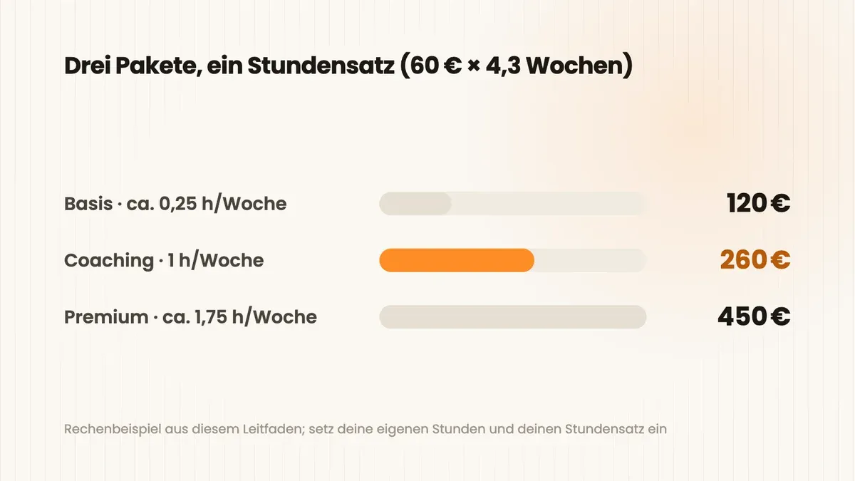 Balkendiagramm der drei Pakete: Basis 120 Euro im Monat für etwa 0,25 Stunden pro Woche, Coaching 260 Euro für 1 Stunde, Premium 450 Euro für etwa 1,75 Stunden