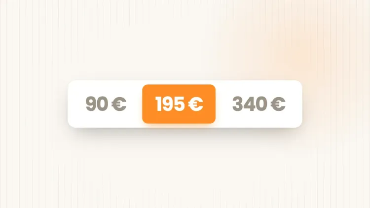 Tre prezzi mensili di coaching online, 90 €, 195 € e 340 €, livello centrale selezionato