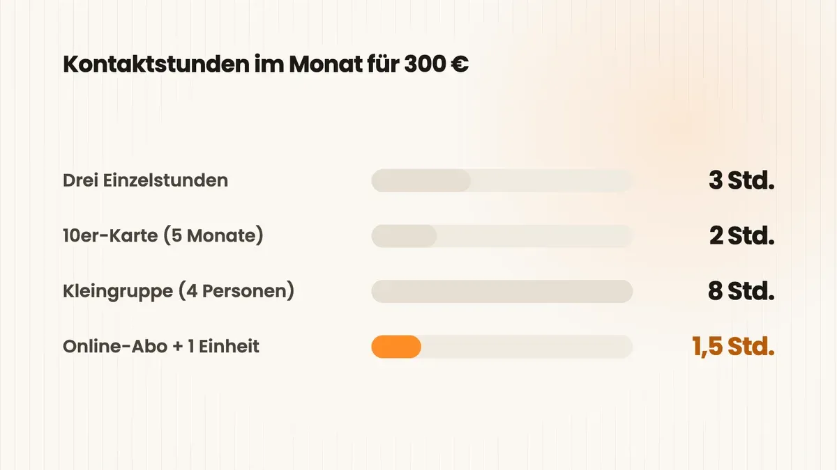 Balkendiagramm: Kontaktstunden im Monat für ein Kundenbudget von 300 Euro, drei Einzelstunden 3 Stunden, 10er-Karte über fünf Monate 2 Stunden, Kleingruppe mit 4 Personen 8 Stunden, Online-Abo plus eine Einheit 1,5 Stunden plus die Betreuung des ganzen Monats